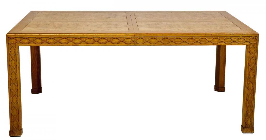 Henredon Chinese Chippendale Dining Table: DESCRIPTION: Henredon Chinese Chippendale style dining table. Bird's eye maple mounted top and legs with fretwork. Includes two leaves. MEASUREMENTS: 69-1/2" x 41-1/2" x 30" high. CONDITION: Some wear