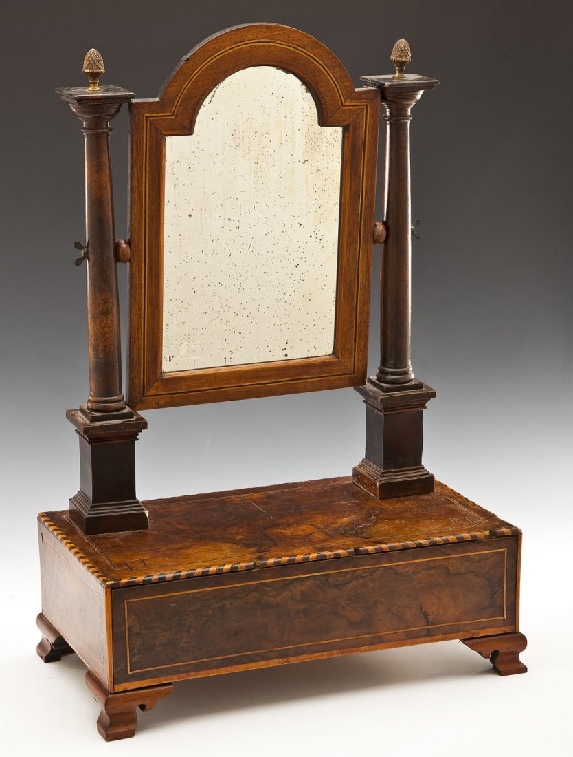 19th C Inlaid Shaving Stand: DESCRIPTION: Shaving stand having an arch top mirror with columnar supports with brass acorn finials on a rectangular base with geometric string and braid inlay in mixed woods resting on bracket feet.