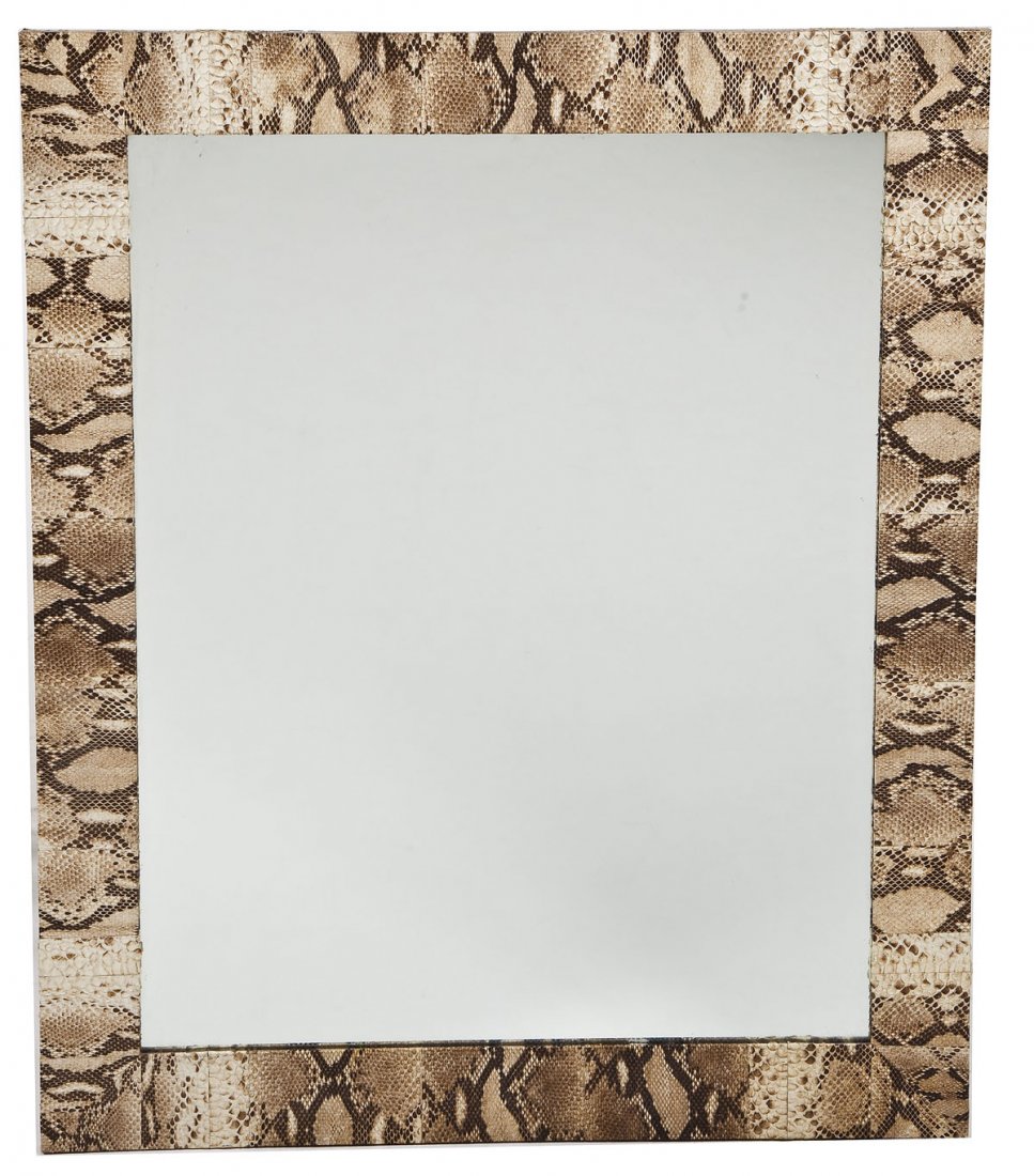 Reptile Skin Framed Mirror: DESCRIPTION: Reptile skin framed mirror. Rectangular mirror with frame of brown and tan reptile skin. MEASUREMENTS: 28-7/8" x 22-3/4". Overall with frame 35" x 29". CONDITION: Light rubbing and wear t