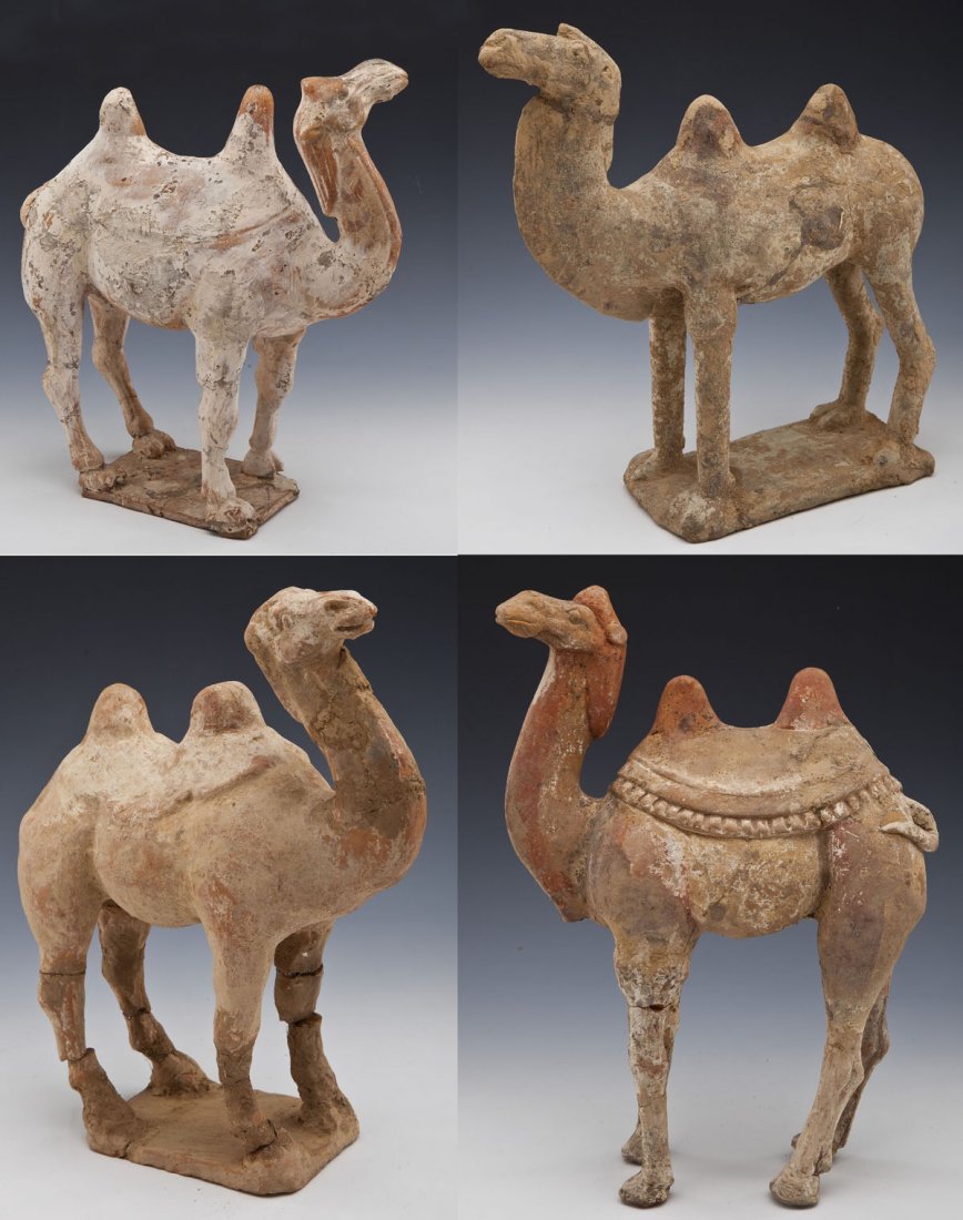 4 Han Dynasty Pottery Camels: DESCRIPTION: Four Chinese Han Dynasty pottery figures of Bactrian camels, three on bases. MEASUREMENTS: Ranging from 9-1/2" x 12-1/2" high to 14" x 15" high. CONDITION: Overall wear with expected chip