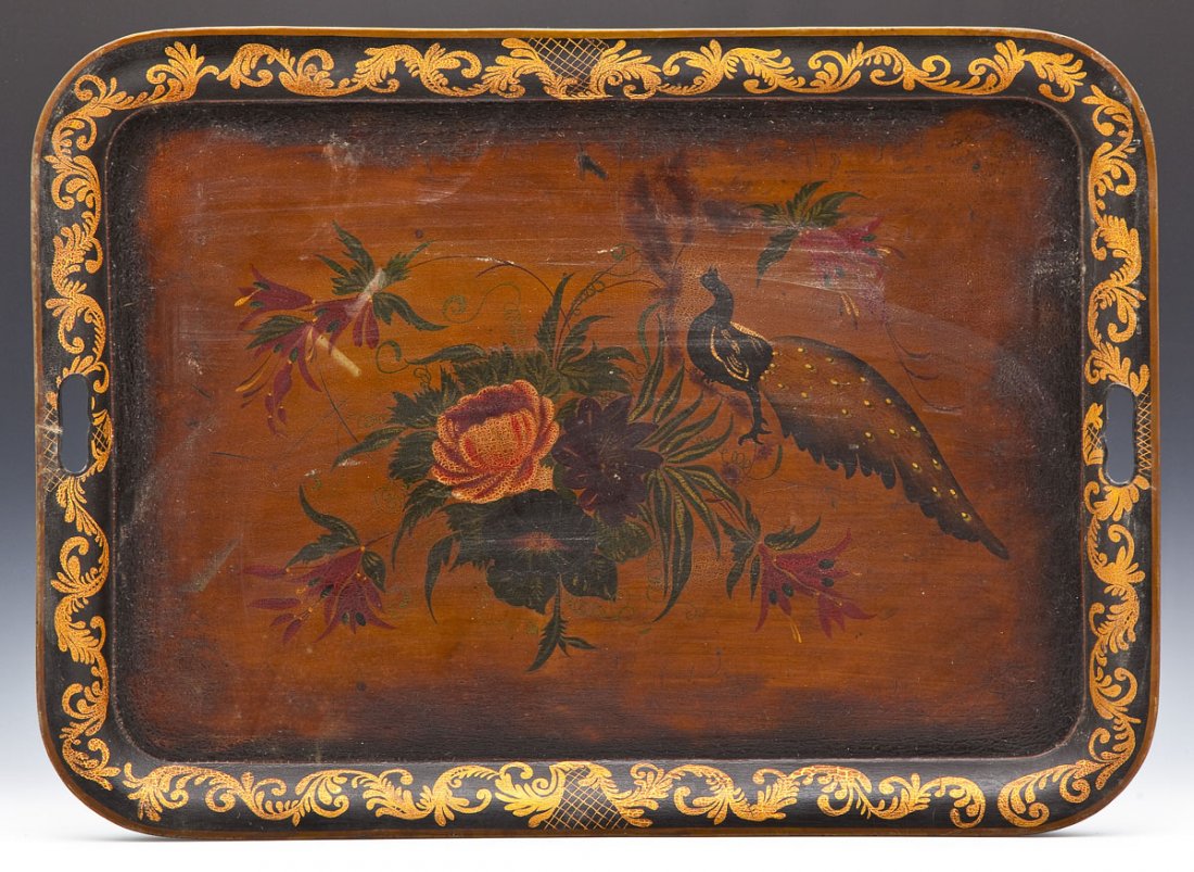 Helen W. Chivers Tole Tray: DESCRIPTION: Tole tray with scene of bouquet of flowers and bird with a leaf and scroll border. Two handles. Marked on back in gold painted ribbon "Helen W. Chivers". MEASUREMENTS: 30-1/4" x 22". COND