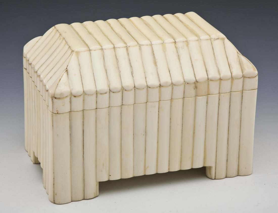 Tessellated Bone Box Attrib to Enrique Garcia: DESCRIPTION: Vintage tessellated and ribbed bone dresser box attributed to Enrique Garcia (Colombia). Circa 1970's. MEASUREMENTS: 10" x 6-1/2" x 7" high. CONDITION: Some wear and patina as expected wi