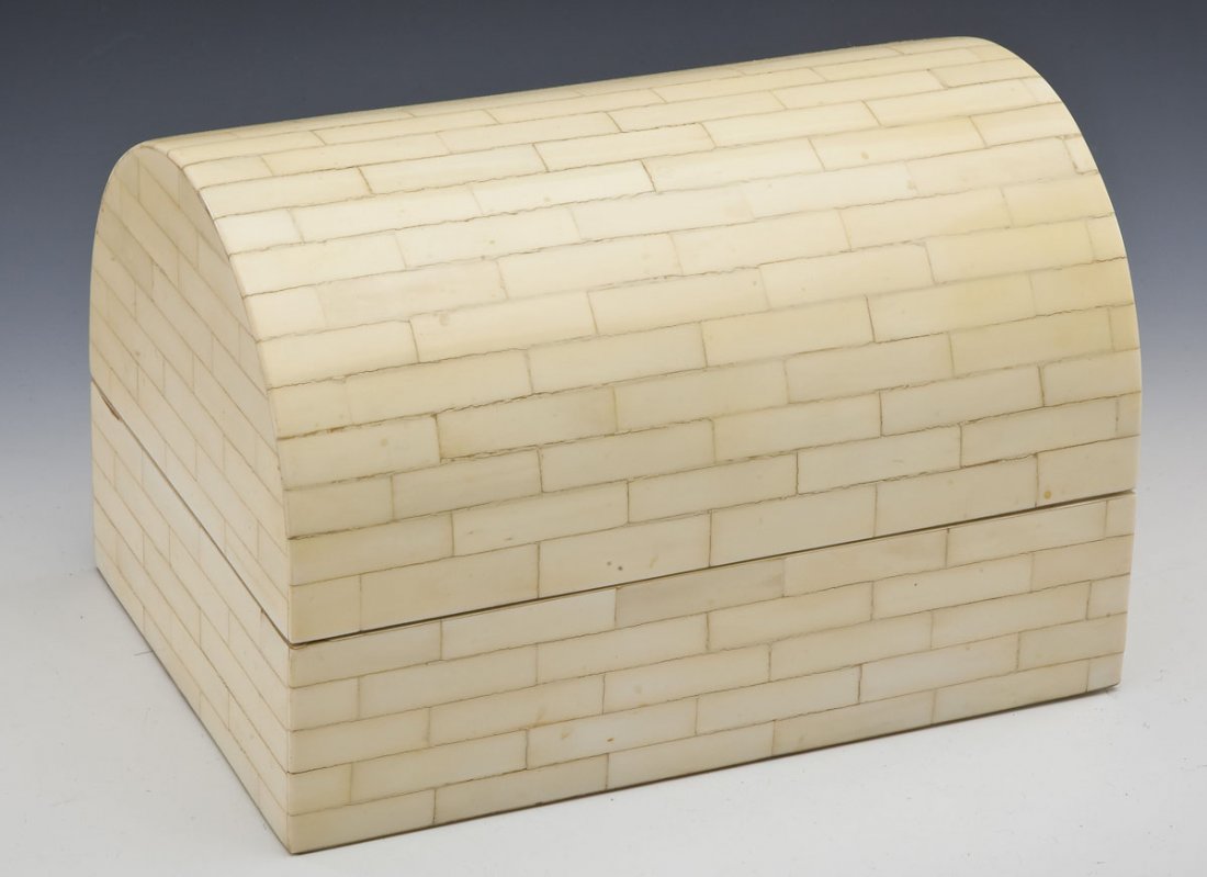 Tessellated Bone Box Attrib to Enrique Garcia: DESCRIPTION: Vintage tessellated and domed bone dresser box attributed to Enrique Garcia (Colombia). Circa 1970's. MEASUREMENTS: 12" x 8-1/4" x 7-3/4" high. CONDITION: Some wear and patina as expected