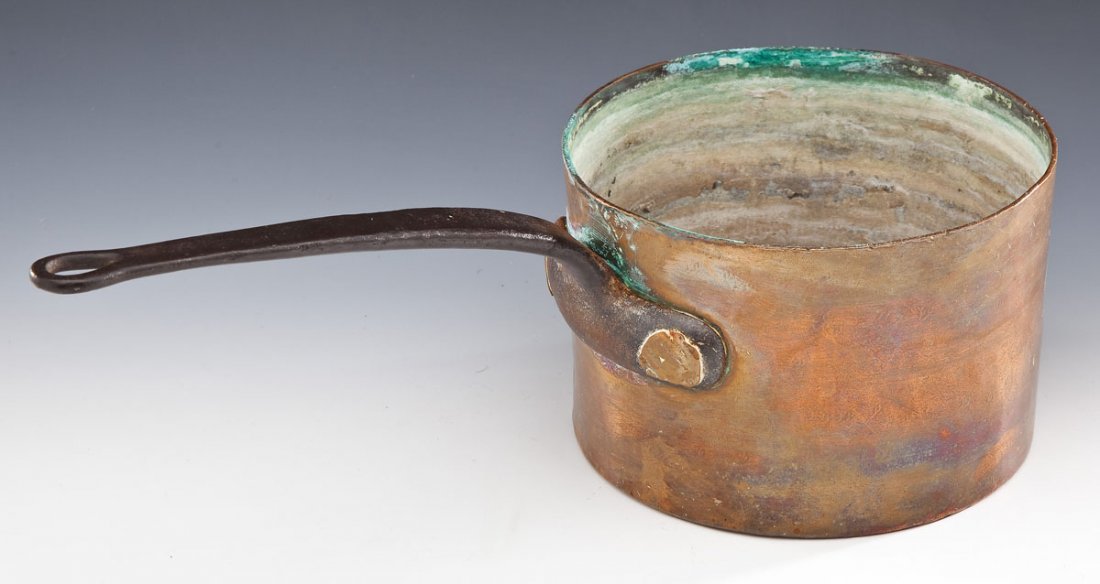 Bramhall, Deane & Co., New York Copper Pot: DESCRIPTION: Bramhall, Deane & Co., New York copper pot. Stamped by maker to left of handle. Stamped illegibly under handle. MEASUREMENTS: 8-1/4" diameter x 5-3/8" high with a 9-3/4" long handle. COND