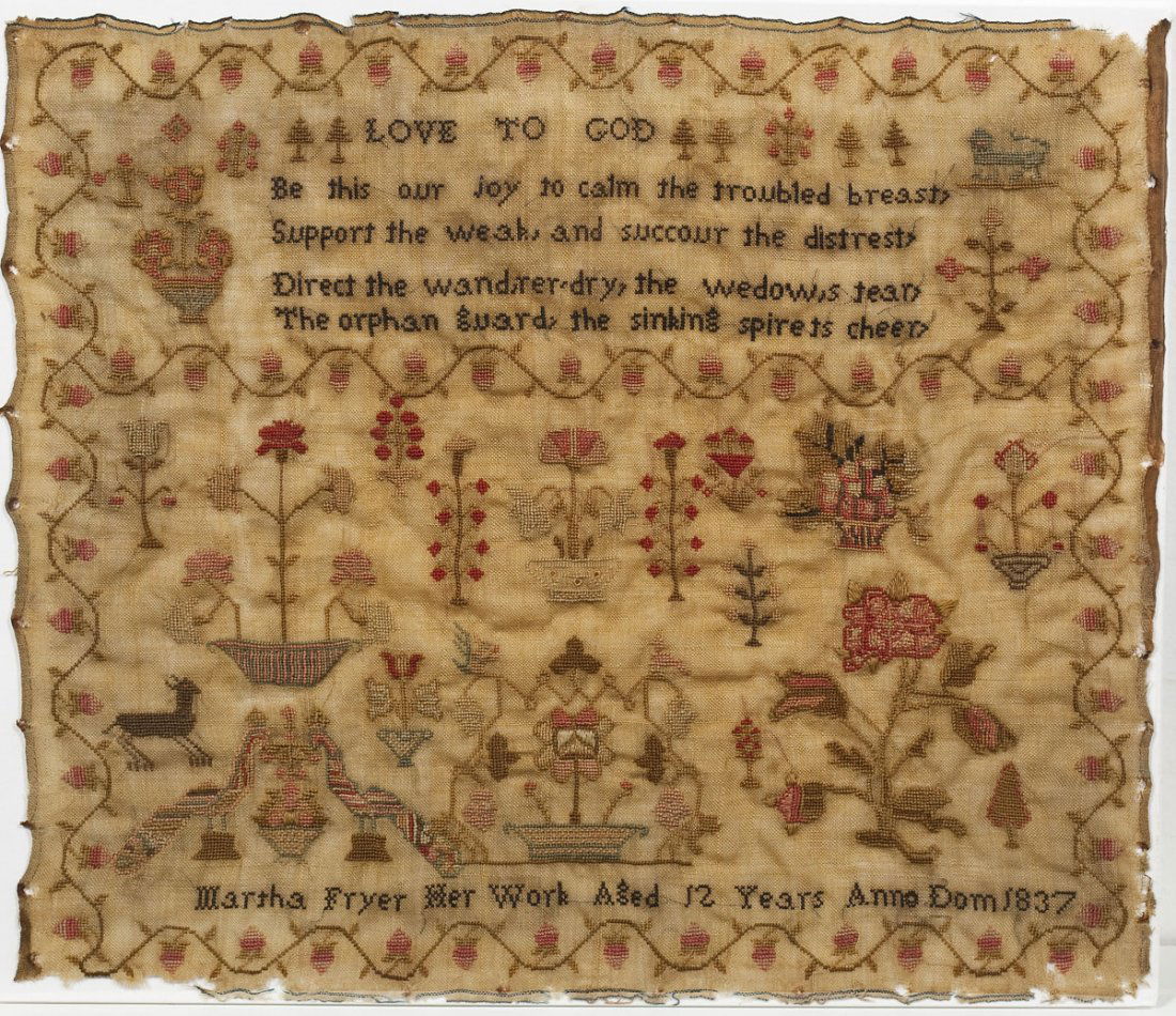 1837 Martha Fryer Love to God Sampler: DESCRIPTION: 1837 Martha Fryer sampler with Love to God poem. Flowers and animals embroidered below. Floral border. Bottom reads "Martha Fryer Her Work Aged 12 Years Anno Dom 1837". MEASUREMENTS: 12-3