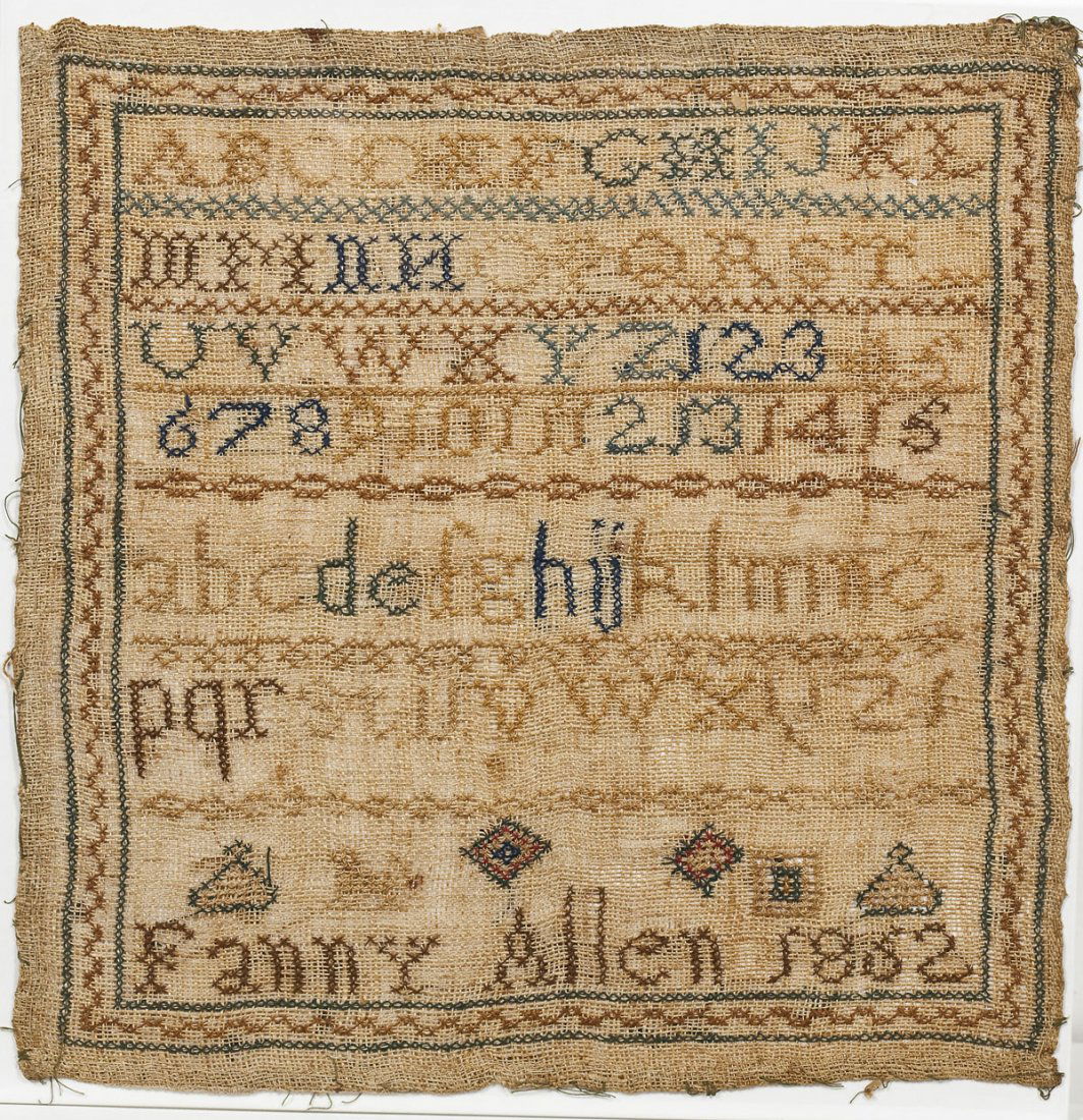 1862 Fanny Allen Alphabet Sampler: DESCRIPTION: 1862 Fanny Allen alphabet sampler. Alphabet and numbers with small shapes. MEASUREMENTS: 10" x 10-1/4". CONDITION: Darkening and toning to fabric. Fading threads, some fraying around edge