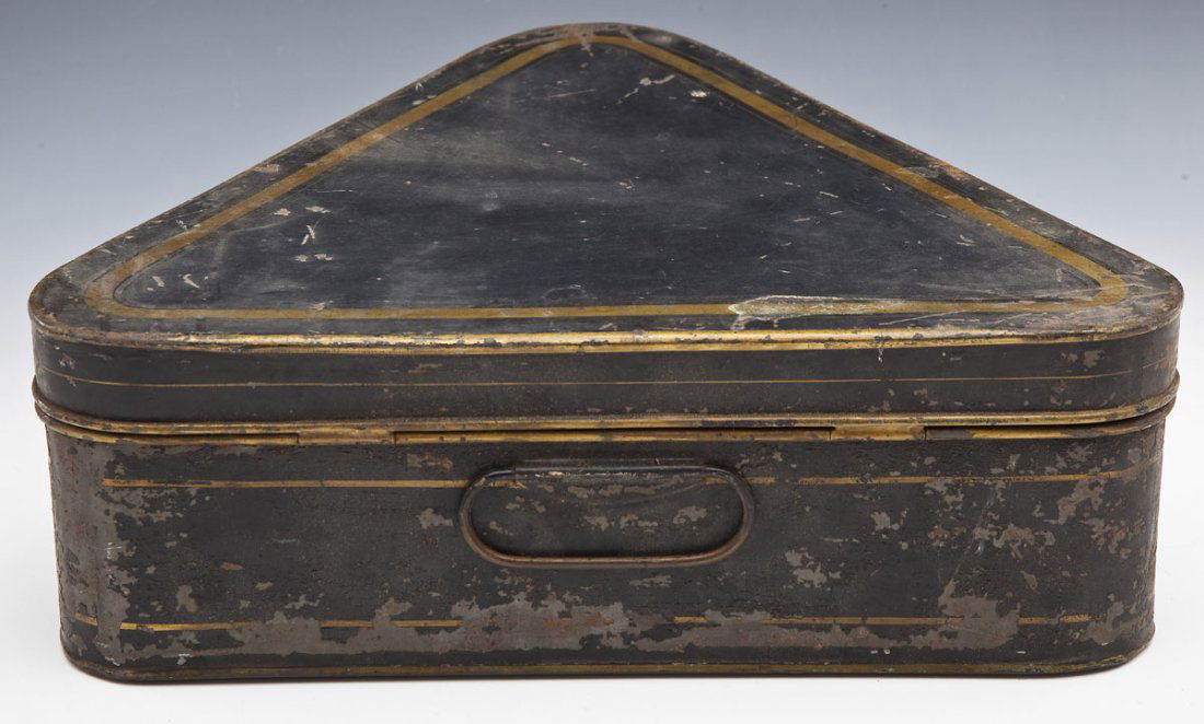 Early 19th C Ede Son & Ravenscroft Tricorn Hat Box: DESCRIPTION: Early 19th century Ede, Son & Ravenscroft tricorn hat box. Black and gold tole box. Label on interior reads "Ede, Son & Ravenscroft Established 1689 Robe Makers Court Tailors By Special A