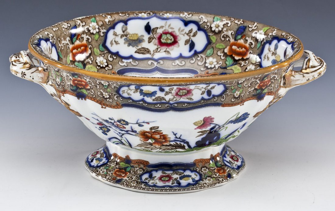 Minton & Hollins Ironstone Japanese Bowl: DESCRIPTION: Minton & Hollins ironstone bowl. Japanese pattern. Two twisted handles. Footed bowl. Marked underneath for Minton & Hollins as well as "Japanese". Stamped "B B New Stone" and with the sta