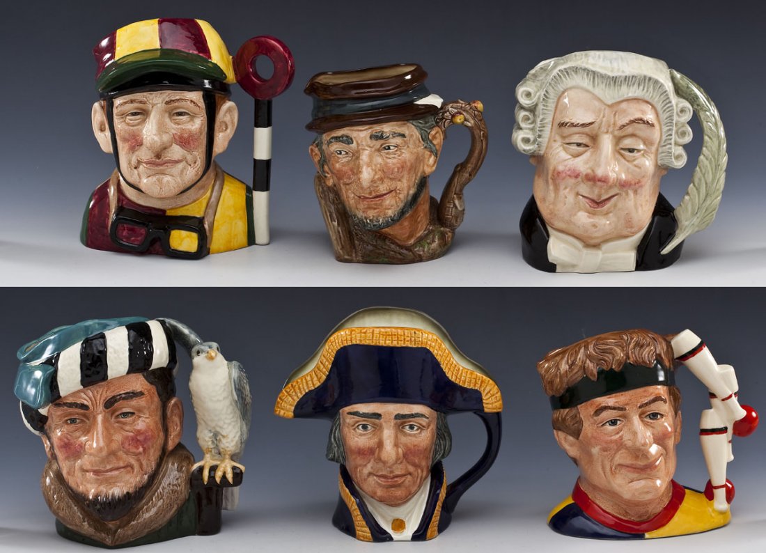 6 Royal Doulton Toby Mugs: DESCRIPTION: Six Royal Doulton toby mugs. Includes: 1) The Juggler, D 6835. 6-3/4" high. 2) Lord Nelson, D 6336. 7" high. 3) Jockey, D 6625. 7-1/2" high. Repair to circle connection at side of head. 4