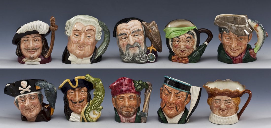 10 Small Royal Doulton Toby Mugs: DESCRIPTION: Ten small Royal Doulton toby mugs. Includes: Captain Hook, Old King Cole, Sairey Gamp, Porthos, Long John Silver, The Lawyer, Merlin, The Poacher, The Mikado, and The Lumberjack. Each mar