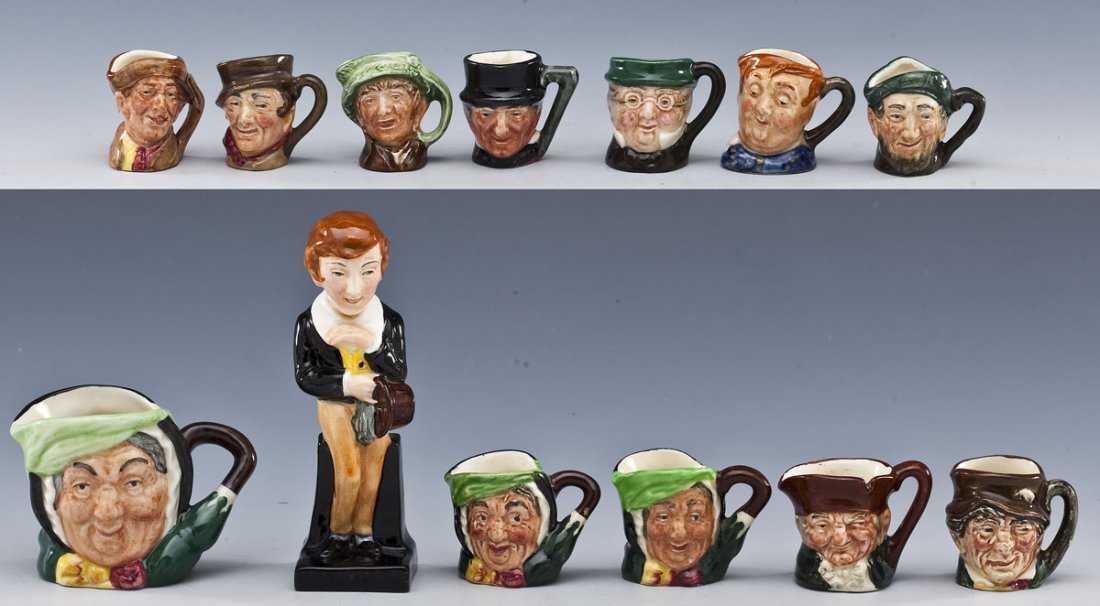 13 Pcs Royal Doulton Porcelain: DESCRIPTION: Thirteen pieces of Royal Doulton porcelain. Includes: eleven miniature toby jugs, one small toby of Sairey Gamp, and one small figure of David Copperfield. Each marked for Royal Doulton. 