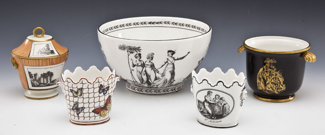 5 Pcs Mottahedeh Porcelain: DESCRIPTION: Five pieces of Mottahedeh porcelain. Includes: 1) Directoire Ladies bowl. Black and white transferware bowl. Marked for Mottahedeh and "Italy". 9-1/4" x 5" high. One 1/2" chip to undersid