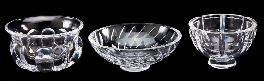 3 Orrefors Bowls: DESCRIPTION: Three Orrefors bowls. Includes: 1) Thousand Windows bowl. Signed underneath "Orrefors" and "G 0395-121". 7-1/4" diameter x 4-3/4" high. With one 1/4" chip to edge of rim. 2) Curve rimmed 