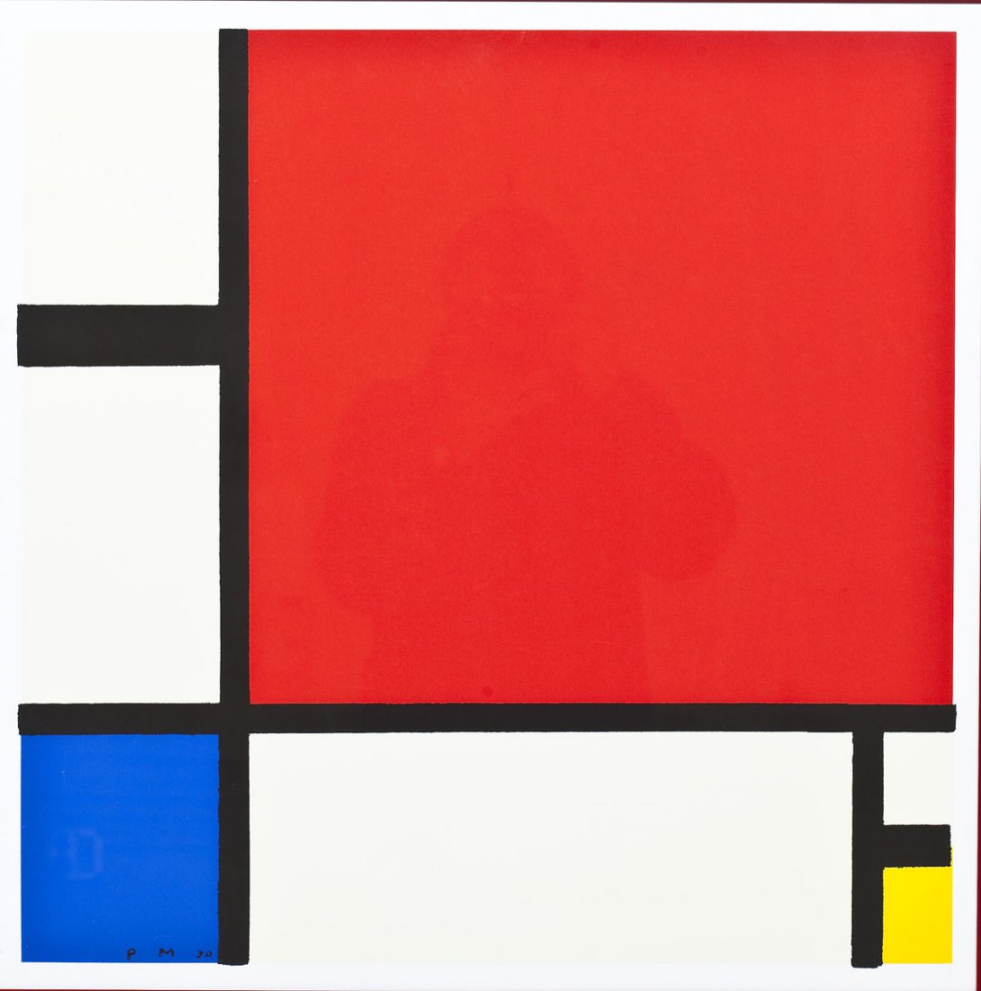 After Piet Mondrian (Dutch, 1872-1944): DESCRIPTION: After Piet Mondrian (Dutch, 1872-1944). Serigraph poster. Composition II with Red, Blue and Yellow. Signed in plate "P M 30". In red metal frame. Piet Mondrian began his career in the rep