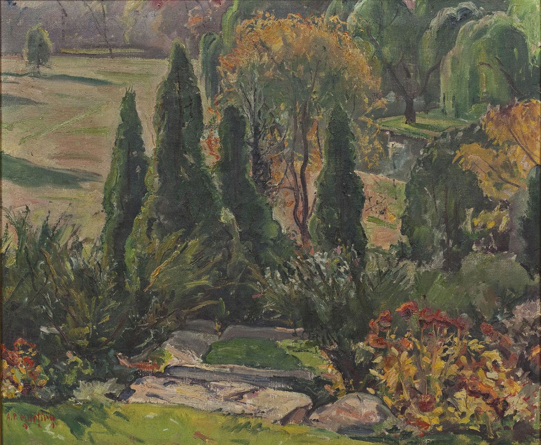 Antonio Pietro Martino (American, 1902-1988): DESCRIPTION: Antonio Pietro Martino (American, 1902-1988). Oil on canvas. Longwood Gardens. Signed in lower left corner in red ink "A.P. Martino 1929". Gold painted frame. Born in Philadelphia in 1902
