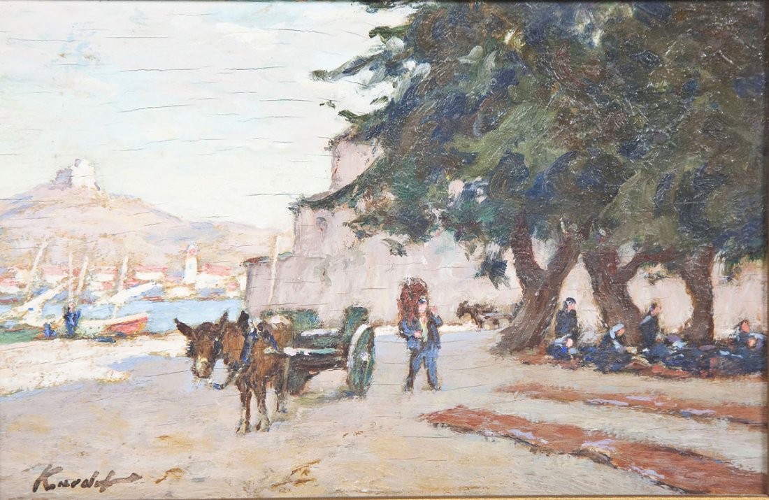 Continental School (20th C): DESCRIPTION: Continental School (20th C). Oil on board. Collioure (Pyrenees Orientale). Signed indistinctly lower left. In gold painted wood frame. MEASUREMENTS: 5-7/8" x 8-7/8". Overall with frame 8"