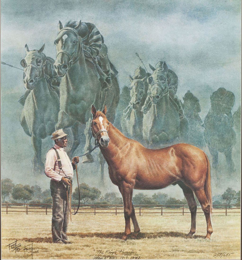 Fred Stone (American, 20th Century): DESCRIPTION: Fred Stone (American, 20th Century). Print. "The Final Thunder" Man O' War 1917-1947. Numbered 259/695. Signed in print. Signed, numbered, and titled in pencil at bottom of print. Under t
