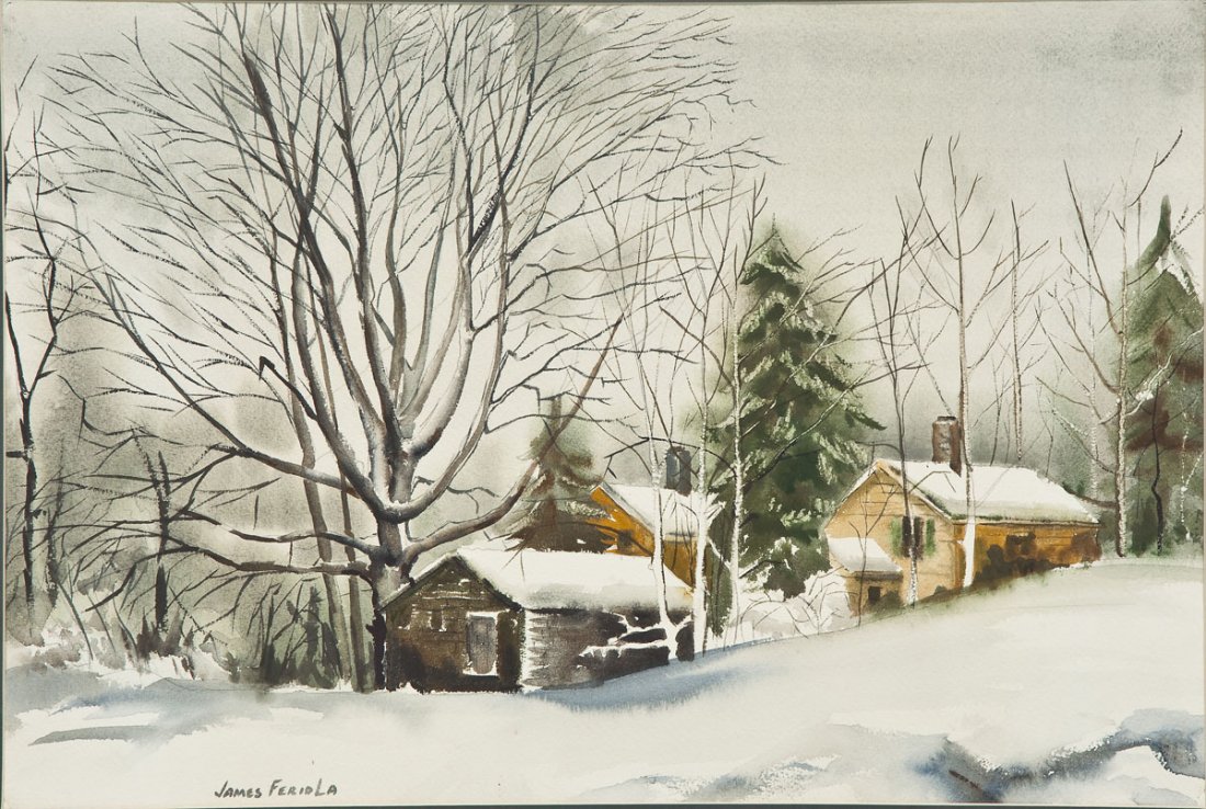 James Feriola (American, 1925-1998): DESCRIPTION: James Philip Feriola (American, 1925-1998). Watercolor on paper. Winter landscape scene of houses. Signed lower left. Matted in wood frame. MEASUREMENTS: 14-1/4" x 21-1/4". Overall with f