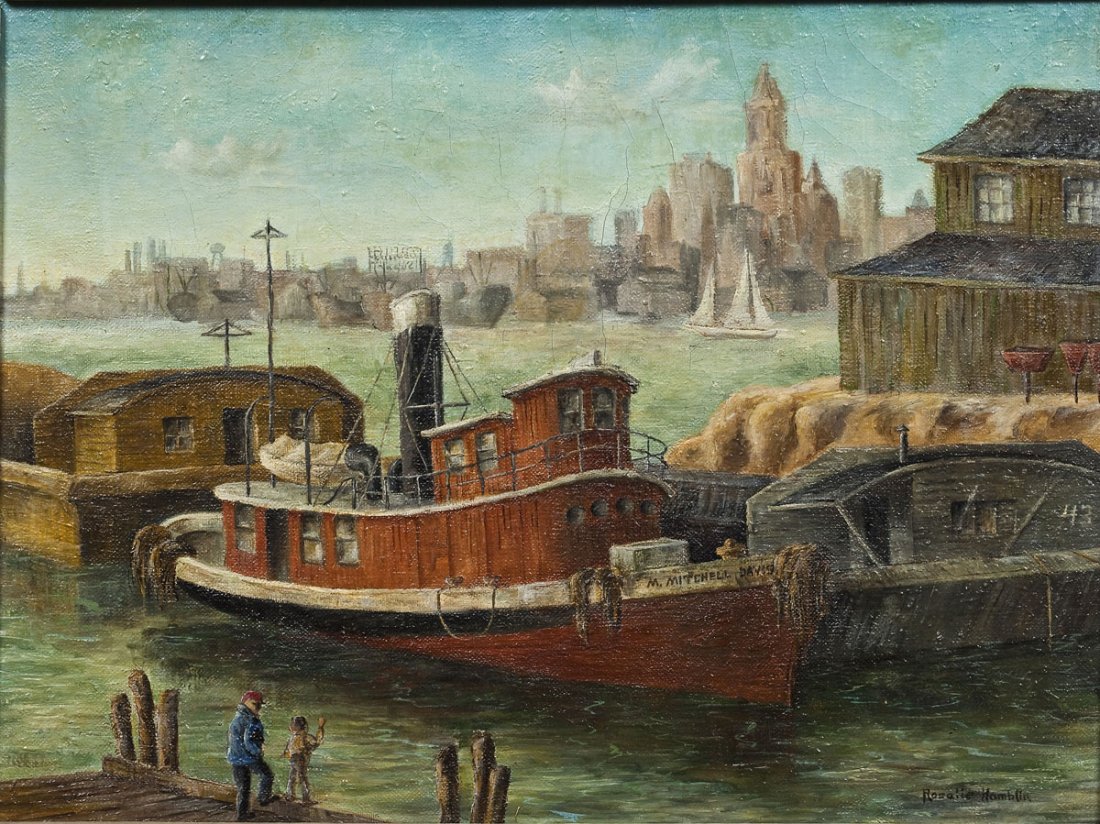 Rosalie Hamblin (American, 20th Century): DESCRIPTION: Rosalie Hamblin (American, 20th Century). Oil on canvas. Tugboat, M. Mitchell Davis, at dock. Signed lower right corner "Rosalie Hamblin". In green and white painted frame. MEASUREMENTS: 