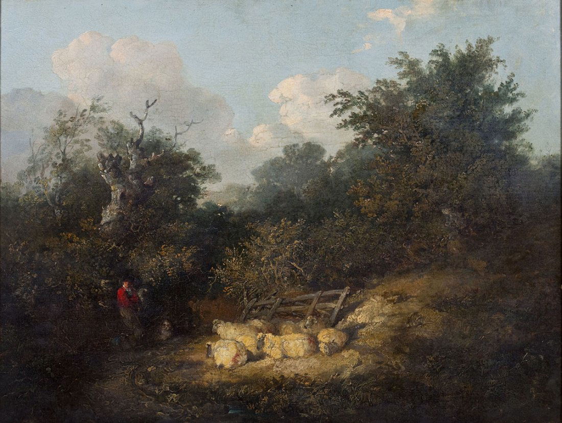 George Morland (English, 1763-1804): DESCRIPTION: George Morland (English, 1763-1804). Oil on canvas. Pastoral scene of shepherd with flock of sheep in a clearing. Unsigned. In gold painted floral frame with plaque reading "Geo. Morland
