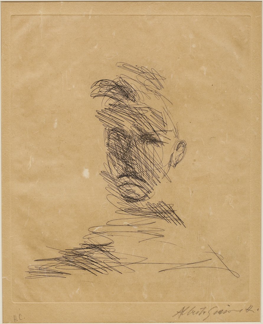 Alberto Giacometti (Swiss, 1901-1966): DESCRIPTION: Alberto Giacometti (Swiss, 1901-1966). Etching on linen rag deckle edge laid paper. Portrait of Rimbaud (Lust 175). A trial proof aside from the standard edition. Signed and numbered "H.C