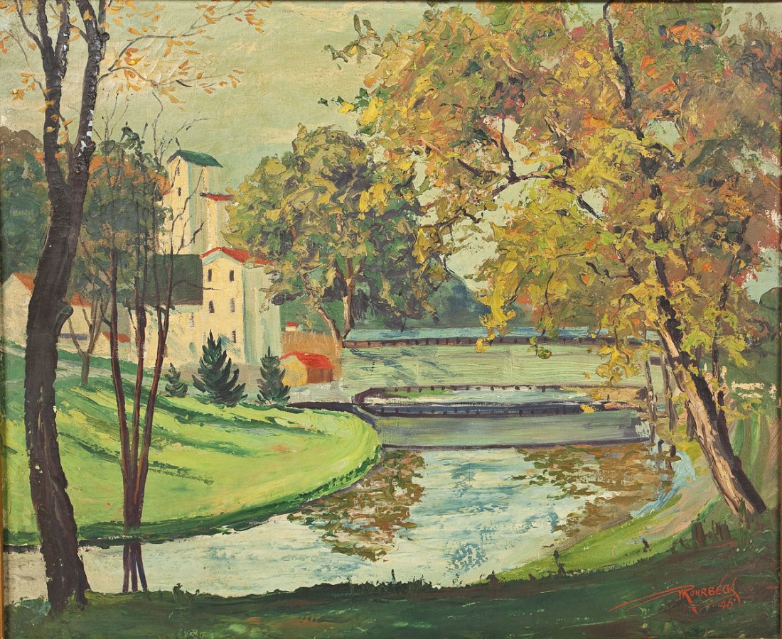 William Rohrbeck (American, 20th Century): DESCRIPTION: William Rohrbeck (American, 20th Century). Oil on canvas. Riverscape with dams and homes. Signed at lower right corner "WRohrbeck 46". In wooden frame. William Rohrbeck was a painter, lec