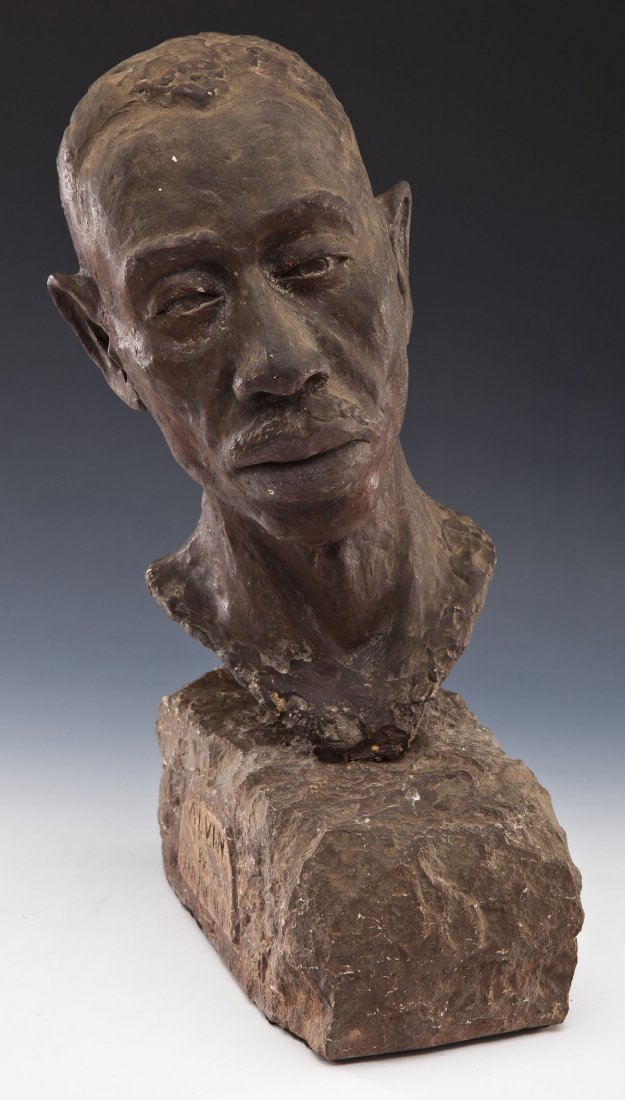 E. Ben Horlacher (American, Died 1964): DESCRIPTION: E. Ben Horlacher (American, Died 1964). Plaster sculpture. Alvin. Mounted on rock-form base with cartouche marked "Alvin by E. Ben Horlacher". E. Ben Horlacher was born near Parker, Kansa