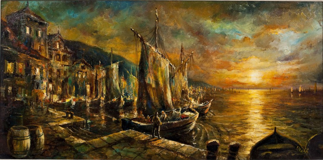 Americo Makk (Hungarian, 1927- ): DESCRIPTION: Americo Makk (Hungarian, 1927- ). Oil on canvas. Harbor view of boats at sunset. Signed lower right corner "A. Makk". In gold painted frame with fabric liner. Makk was born in Hungary in 