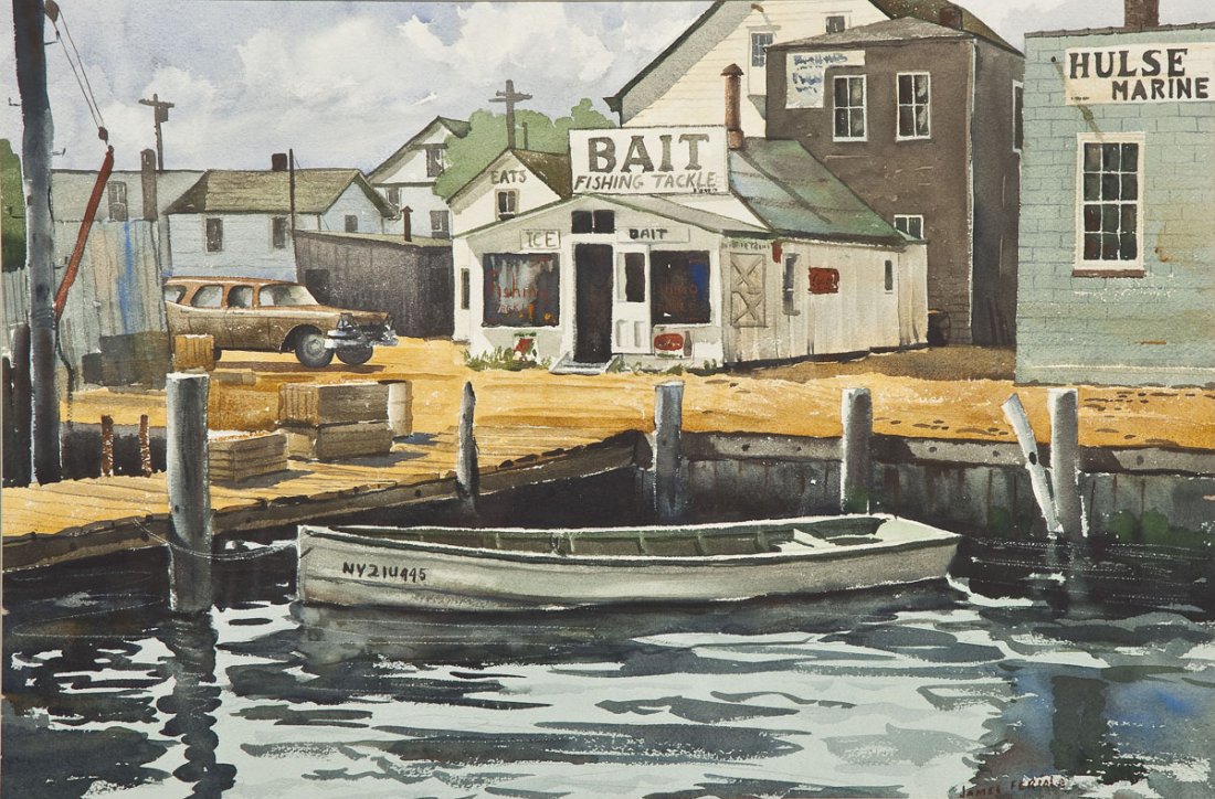 James Feriola (American, 1925-1998): DESCRIPTION: James Philip Feriola (American, 1925-1998). Watercolor on paper. New York pier scene. Signed lower right. Matted in wood frame. MEASUREMENTS: 19-1/4" x 29-1/4". Overall with frame 30-3/4"