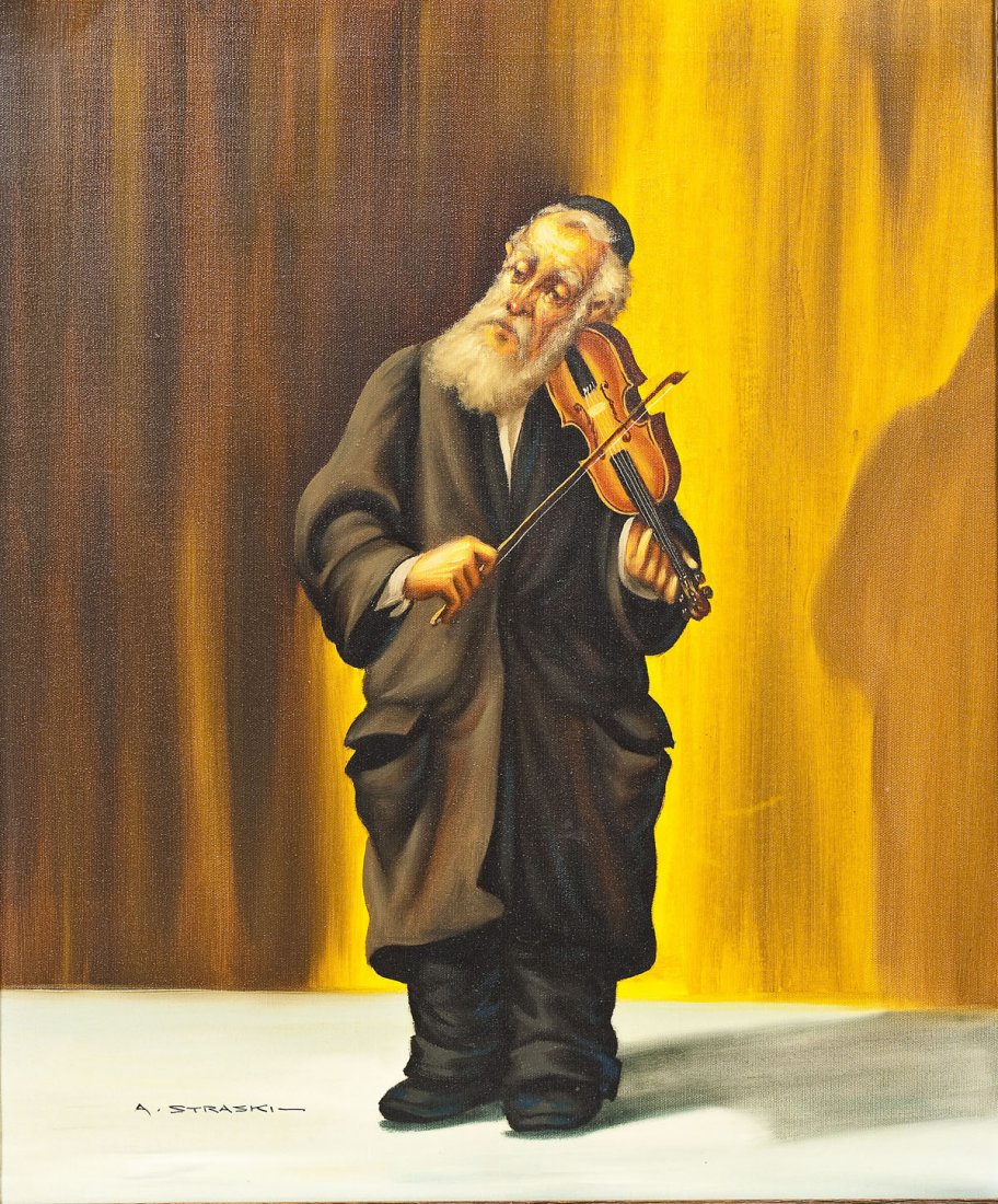 Abraham Straski (Polish, 1903-1987): DESCRIPTION: Abraham Straski (Polish, 1903-1987). Oil on canvas. Full length portrait of a Rabbi playing a violin. Signed in lower left corner "A. Straski". In carved wooden frame with burlap liner. S