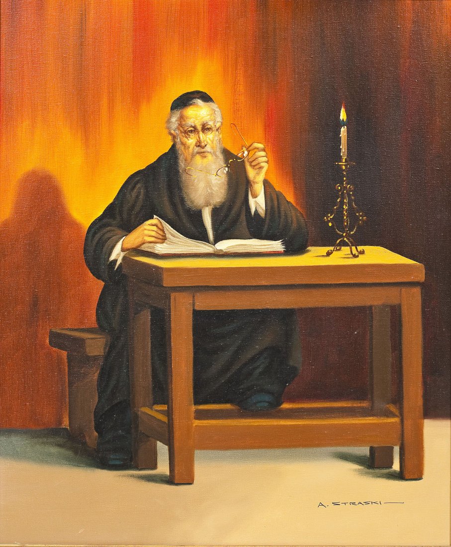 Abraham Straski (Polish, 1903-1987): DESCRIPTION: Abraham Straski (Polish, 1903-1987). Oil on canvas. Full length portrait of a Rabbi seated at a desk, reading, glasses in hand. Signed in lower right corner "A. Straski". In copper color