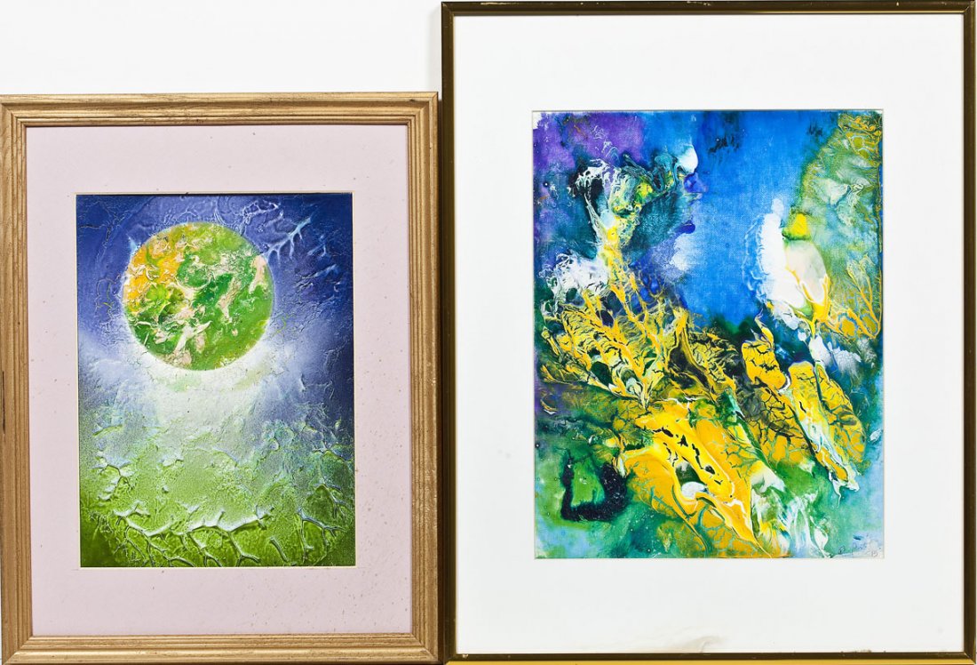 David Porter (American, 20th C): DESCRIPTION: David Porter (American, 20th C). Two oil and embellishments on canvas. Includes: 1) Find the White Dove. Signed and dated lower right. Matted and in gold frame. 13-3/4" x 10-5/8". 2) Just