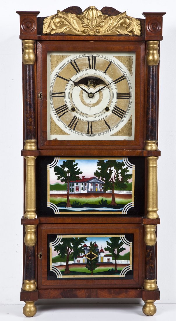 Birge, Mallory & Co. Triple Decker 8 Day Clock: DESCRIPTION: Birge, Mallory & Company triple decker 8 day brass clock. Circa 1810. Gold colored face with Roman numerals. Two tablets with reverse glass painting, upper with scene of plantation, lower