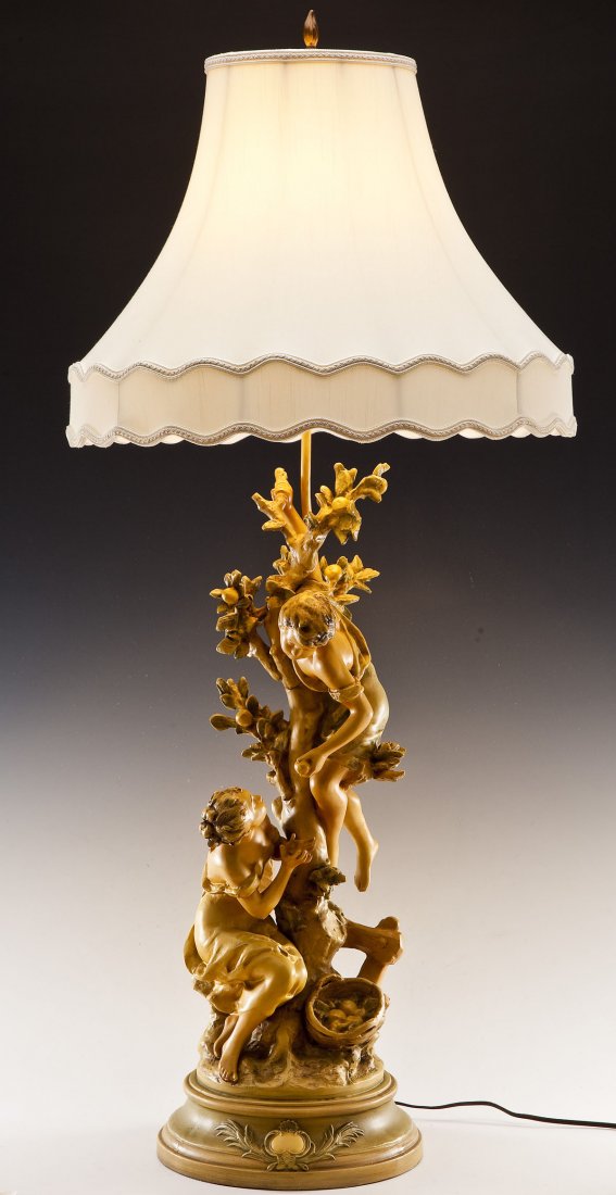 Collection Francaise A. Moreau Le Cadeau Lamp: DESCRIPTION: Collection Francaise Society lamp. After sculpture by Auguste Moreau. Titled Le Cadeau. Item number 1693. With cream shade. With Certificate of Authenticity. Signed in lamp "August Moreau