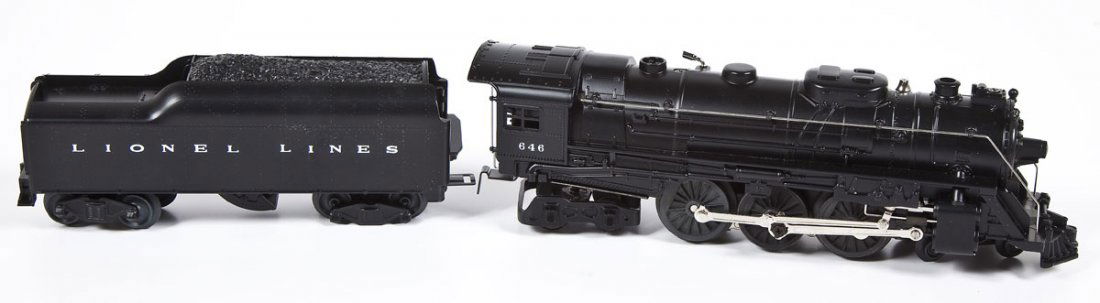 Lionel #646 Locomotive & #3169EL1 Tender: DESCRIPTION: Lionel O Gauge #646 Locomotive and Lionel Lines Tender #3169EL1. CONDITION: Appears unused, but does not includingude boxes.