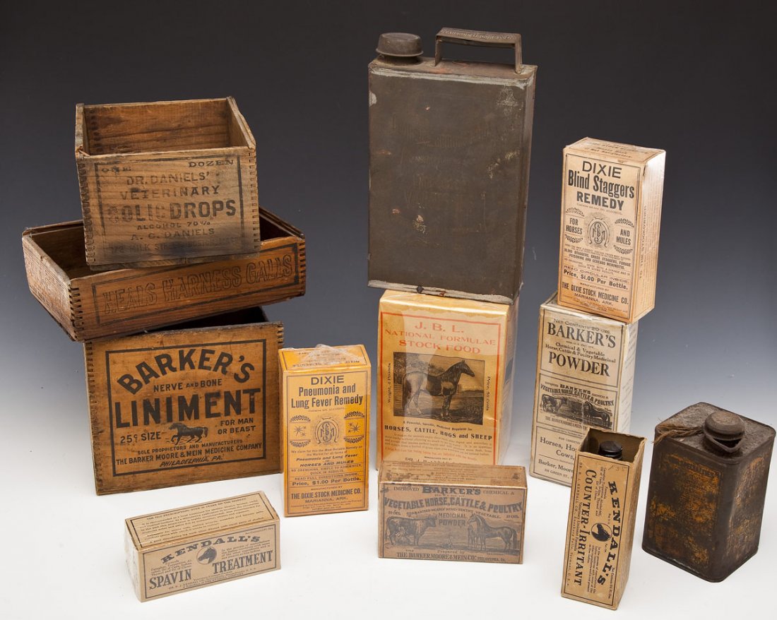 12 Antique Veterinary Medicine Bottles & Boxes: DESCRIPTION: Twelve antique veterinary medicine bottles and boxes. Includes: 1) Clarence Brooks & Co Fine Coach Varnishes tin. 2) Barker's Powder box. 3) Black Beauty Harness Oil tin. 4) J.B.L. Nation