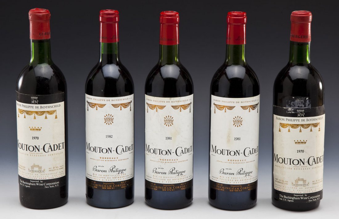 5 Unopened Bottles of Rothschild "Mouton-Cadet": DESCRIPTION: Five unopened bottles of Baron Philippe de Rothschild "Mouton-Cadet" Bordeaux wine. Includes two 1970, two 1981, and one 1982 vintages. All bottles cellar-stored after purchase. MEASUREME
