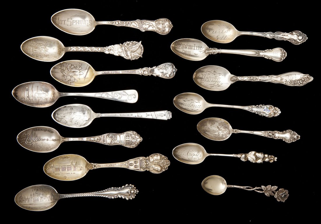 15 Sterling Souvenir Spoons: DESCRIPTION: Fifteen sterling silver souvenir spoons from various United States cities or states. Including Peoria, IL; St. Louis, MO; Los Angeles, CA; Hot Springs, AR; Pasadena, CA; Mobile, AL; etc. 