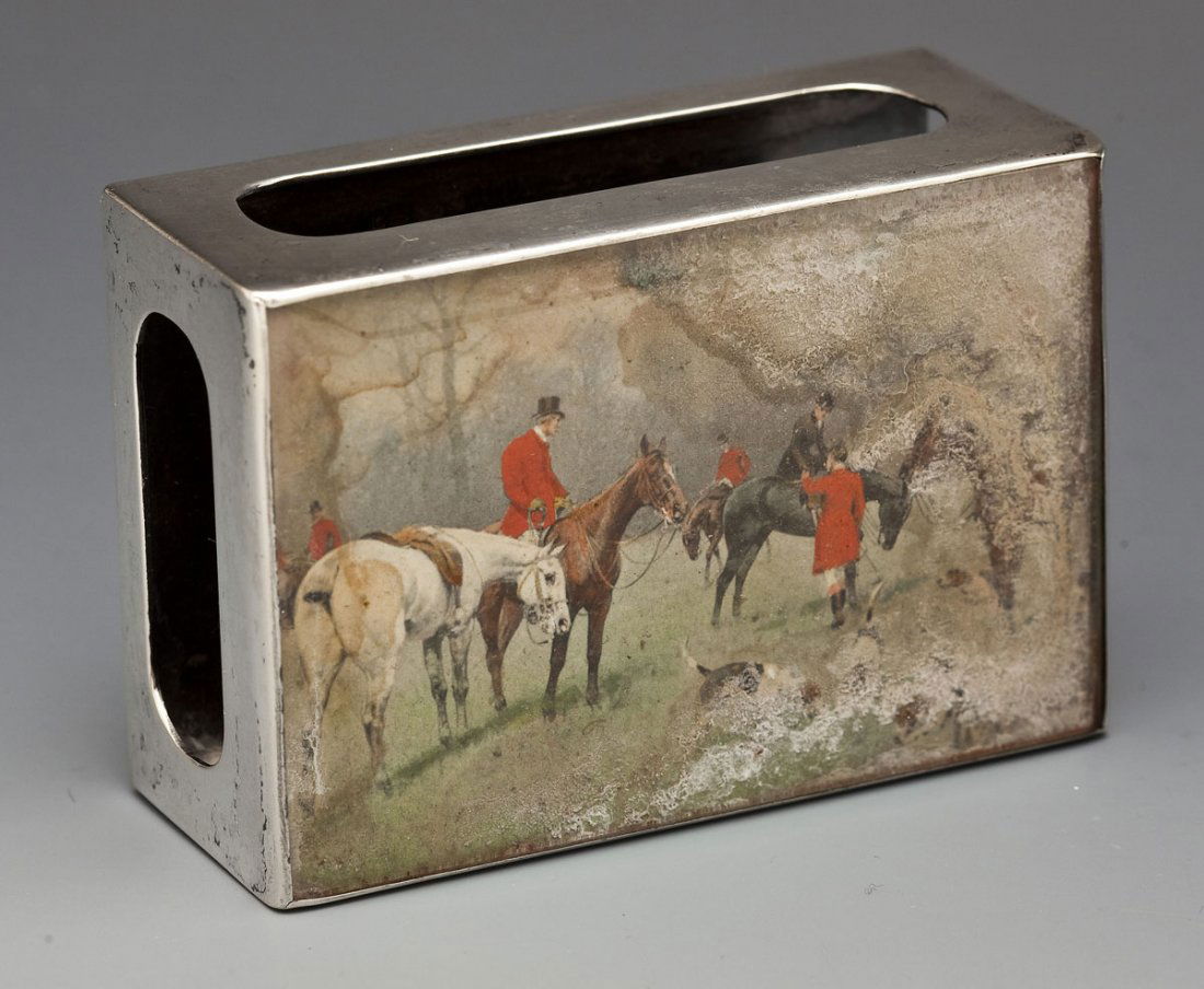 English Sterling Silver Matchbox Case C 1900: DESCRIPTION: English sterling silver matchbox case with decorative scene of Englishmen hunting with horses and dogs. Hallmarked for circa 1900 and maker's mark "W.F.W", possibly William Frederick Will