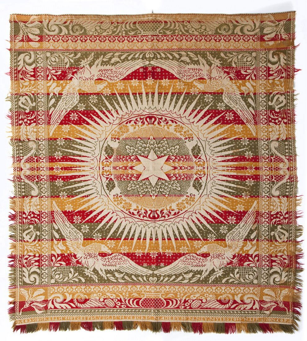 C 1850 William Ney Myerstown Coverlet: DESCRIPTION: William Ney coverlet in red, green and gold colors with patterns of triumphant eagles, stars, flowers, harps, and cornucopias. Corner block with name and location of Myerstown. Circa 1850