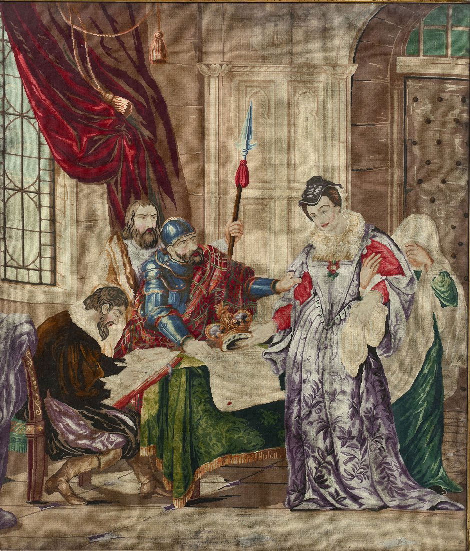 Needlepoint of Abdication of Mary, Queen of Scots: DESCRIPTION: An antique needlepoint after a painting by Gavin Hamilton (Scotland/Italy, 1723-1798), The Abdication of Mary, Queen of Scots. Under glass in wooden frame. MEASUREMENTS: 35-3/8" x 30-3/8"