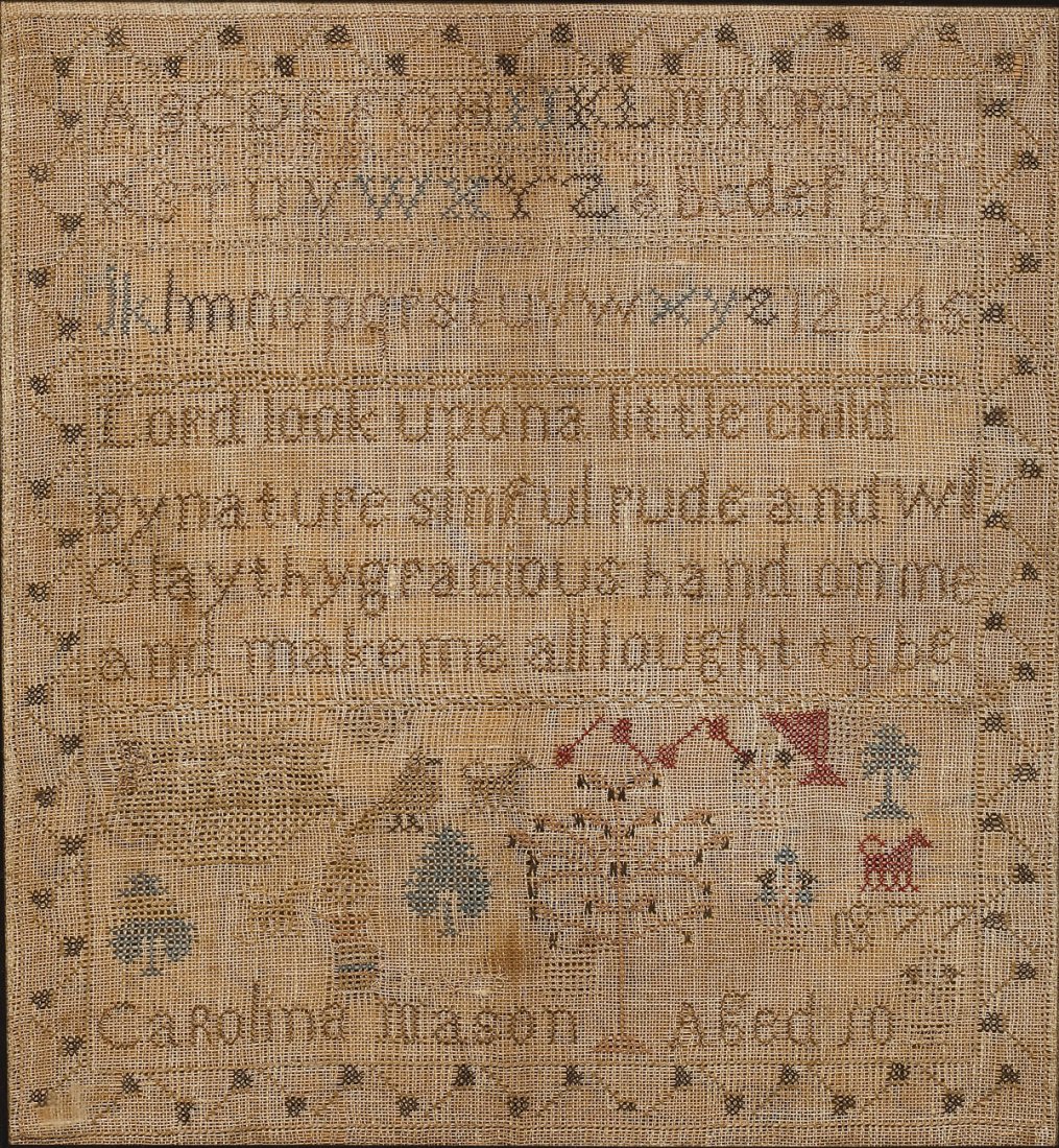 1877 Carolina Mason Alphabet and Prayer Sampler: DESCRIPTION: 1877 Carolina Mason alphabet and prayer sampler. Alphabet and numbers at top, followed by a prayer: "Lord look upon a little child by nature sinful rude and wild. O lay thy gracious hand 