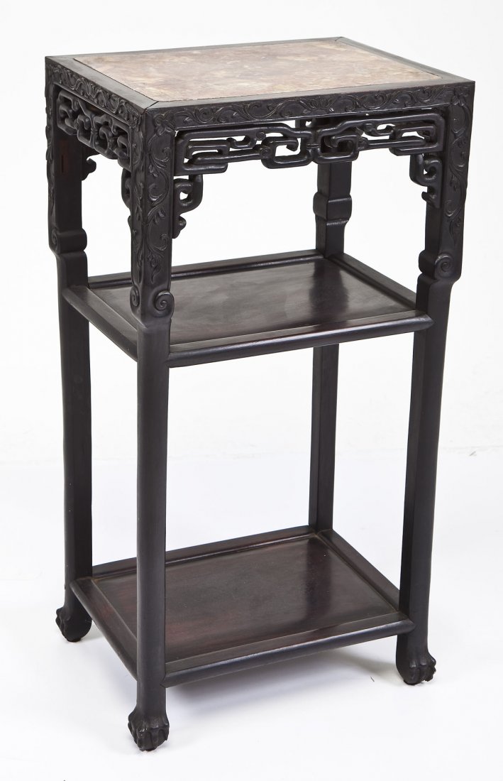 Chinese Rosewood & Marble 3 Tier Stand: DESCRIPTION: Chinese carved rosewood three tier stand with rose marble inset at top. Circa 19th century. MEASUREMENTS: 12-1/2" x 16-1/2" x 31-3/4" high. CONDITION: Edge wear to inset marble. Light edg