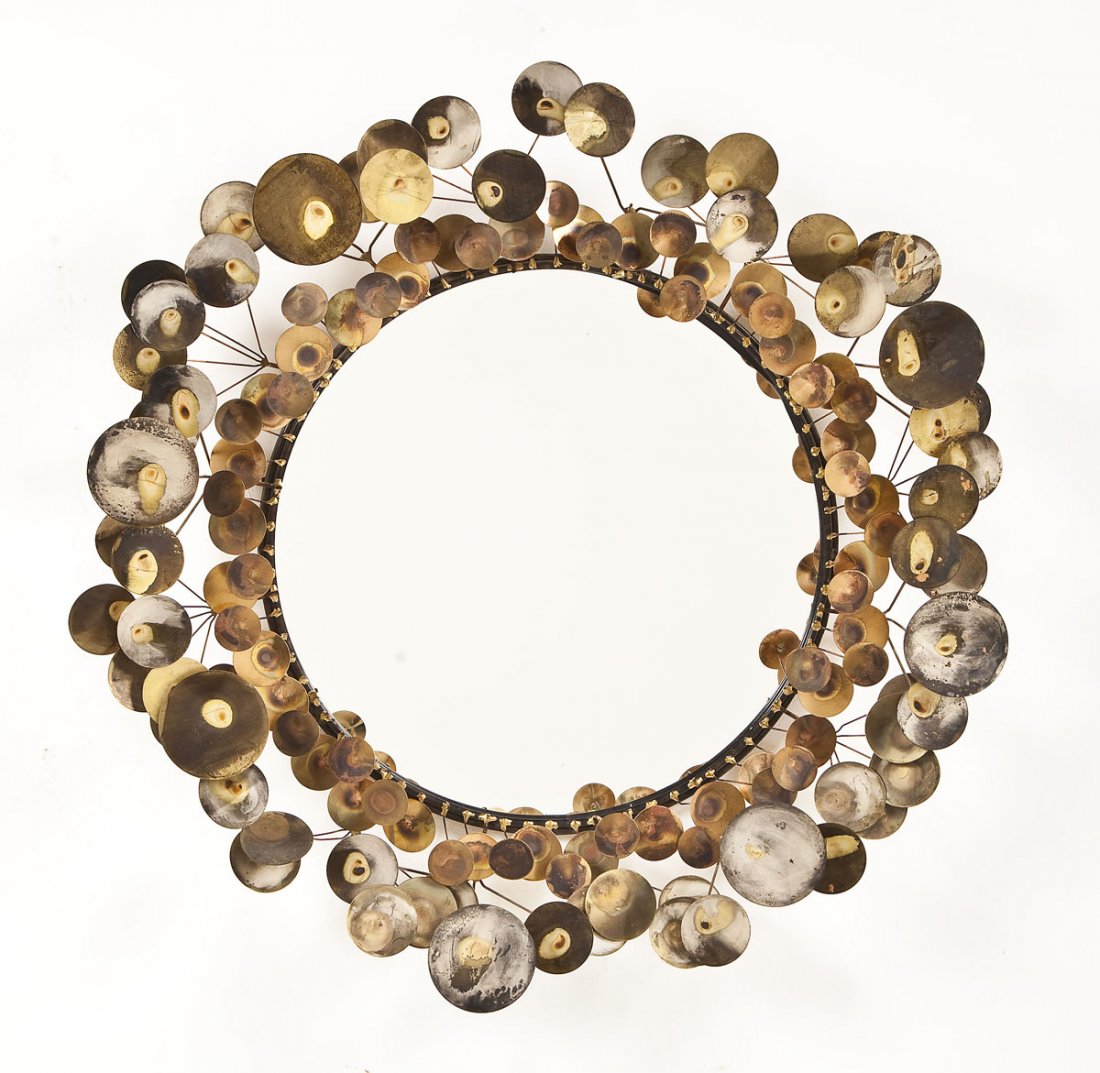 Curtis Jere Raindrops Wall Mirror: DESCRIPTION: Curtis Jere wall mirror. Raindrops. Copper and brass frame with repeating patinated mixed metal disks encircling the central round mirror. MEASUREMENTS: 33" overall diameter. CONDITION: M