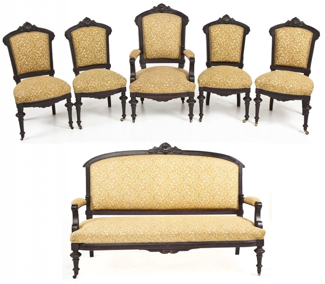 Victorian Renaissance Revival Parlor Suite: DESCRIPTION: A good quality Renaissance Revival parlor suite, circa 1880, probably Eastern United States, possibly New York. The set consisting of settee, two arm chairs and four side chairs each with