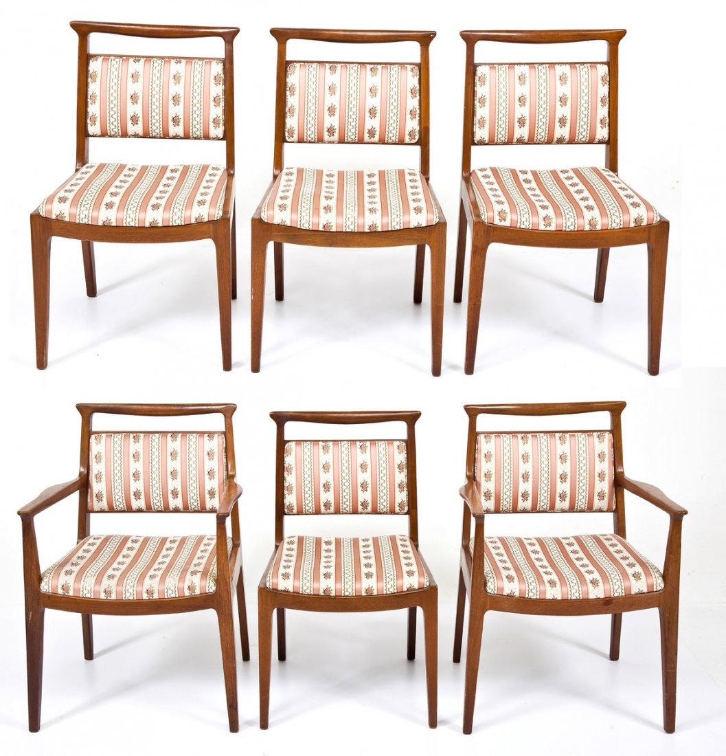 Set of 6 John Stuart Mid-Century Chairs: DESCRIPTION: Set of six (four side, two arm) mid-century chairs by John Stuart. Marked under bases. With floral upholstery. MEASUREMENTS: 20" x 22" x 33" high. CONDITION: Light wear as expected with a