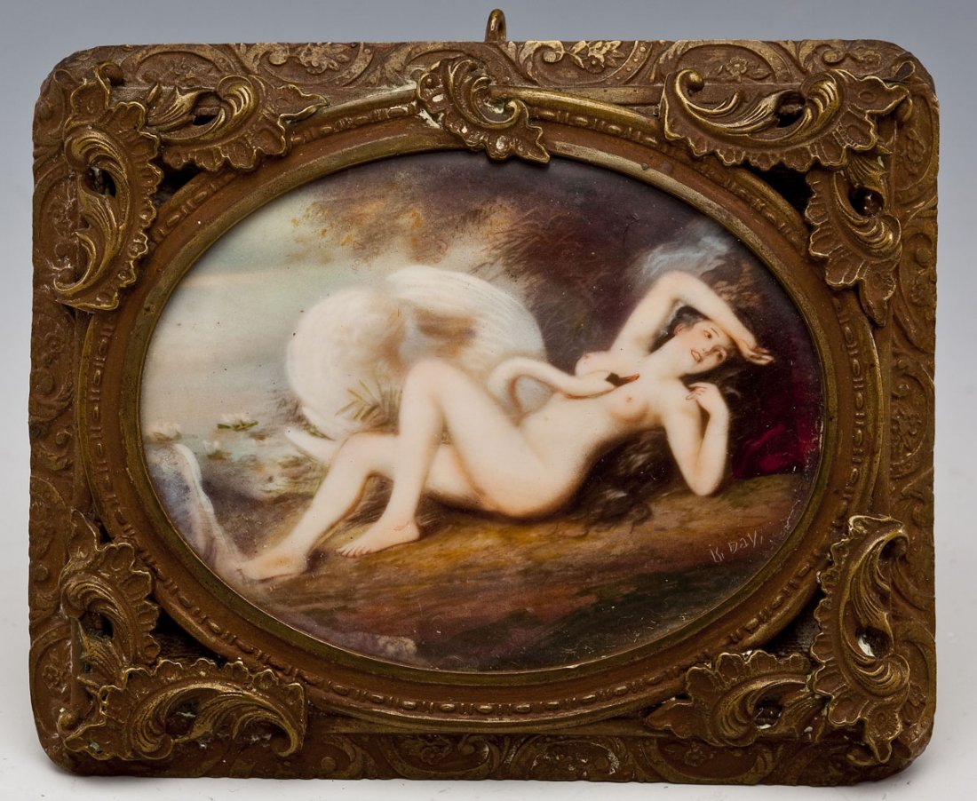 Mythological Painting on Ivory Signed K. Day: DESCRIPTION: Mythological painting on ivory signed lower right corner "K. Day". Depicts Leda and the Swan. In gilt metal frame. PROVENANCE: Continental in origin, 19th century. MEASUREMENTS: 2-1/2" x 