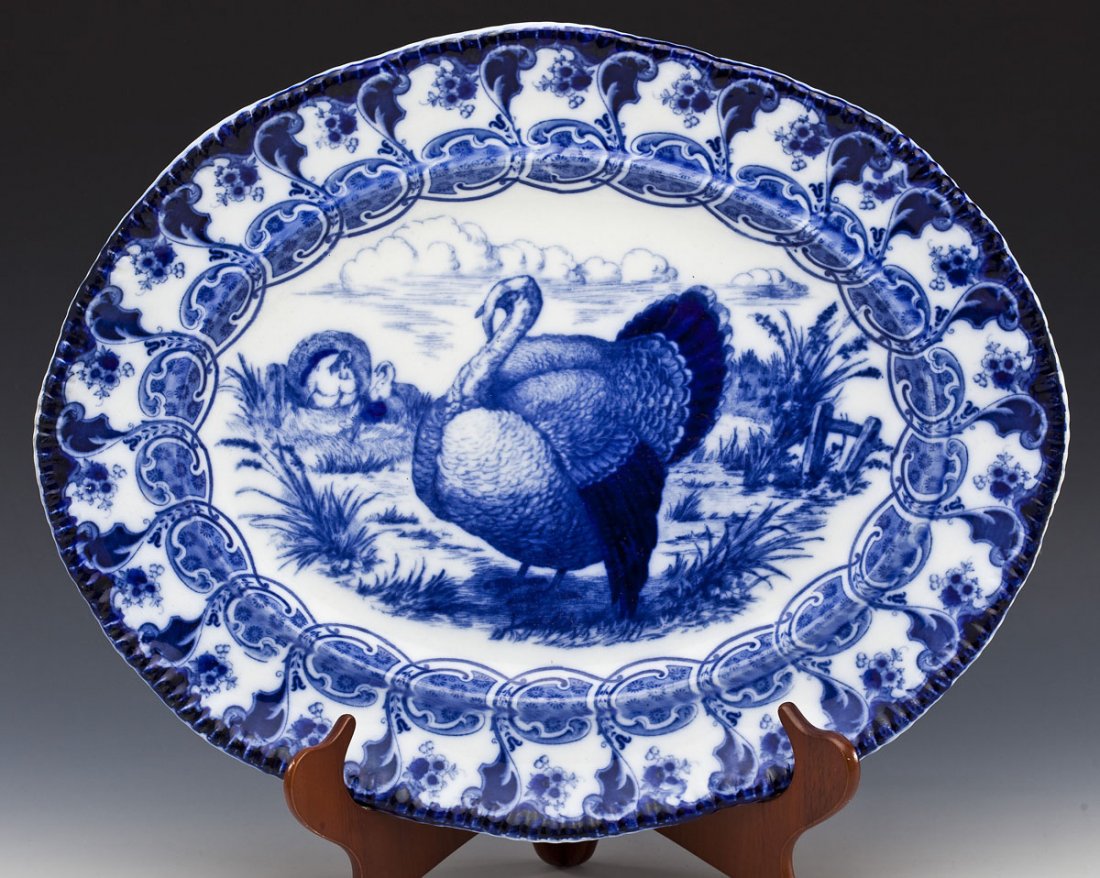 Florence Bisto English Turkey Serving Platter: DESCRIPTION: Florence Bisto English blue and white transfer ware serving platter with turkeys and floral motifs. Stamped on reverse with Florence Bisto mark. MEASUREMENTS: 19-1/2" x 16". CONDITION: Kn