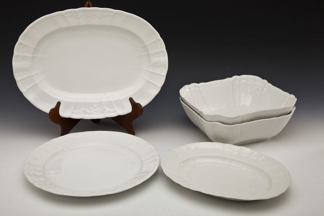 5 Pcs of KPM Rocaille Pattern Porcelain: DESCRIPTION: Five pieces of KPM Rocaille pattern. Includes: two 10" wide bowls, one 12-3/4" circle serving dish, one 12-1/8" serving dish, and one 15-7/8" serving platter. All pieces stamped with blue