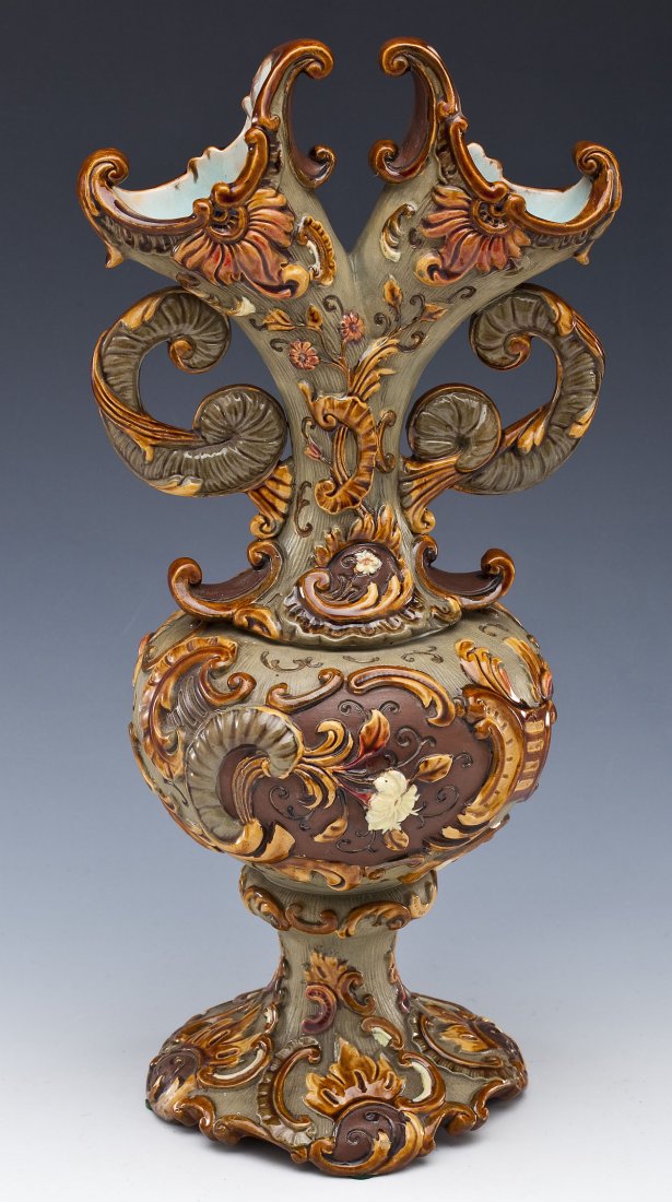 19th C William Schiller & Son Double Spouted Urn: DESCRIPTION: 19th century William Schiller & Son double spouted urn in green with yellow and brown floral accents and flourishes. Stamped "2475" with a crown and "WS & S" on underside of base. MEASURE